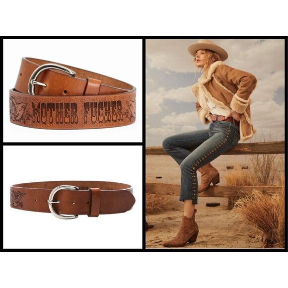 💕MOTHER💕 The Buckle Up Belt ~ Brown MF 100% Leather Engraved Small S NWT - Picture 2 of 14